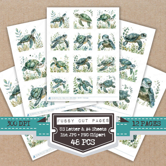 Watercolour Nursery Sea Turtle fussy cut printable sheets for junk journaling, scrapbooking, and paper craft projects