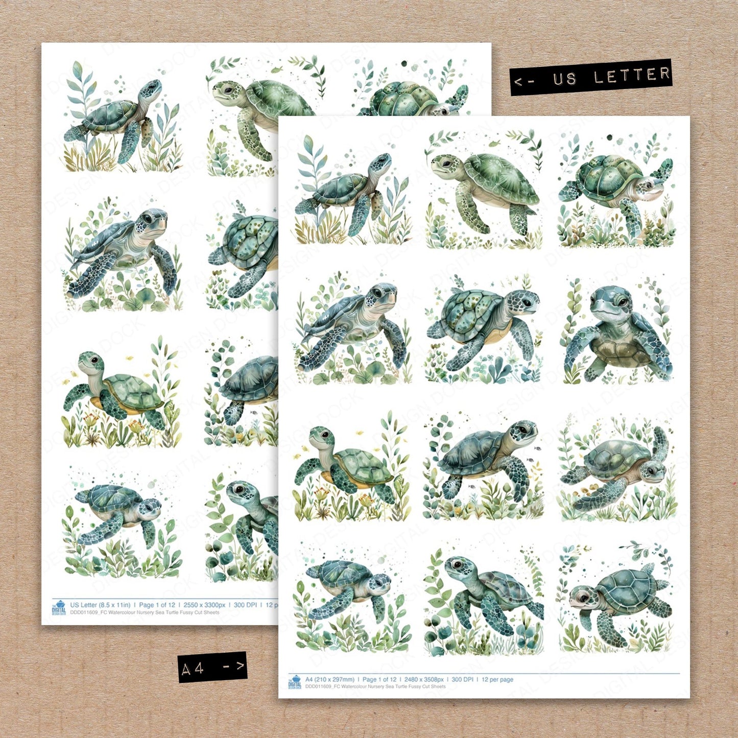A4 and US Letter format comparison showing Watercolour Nursery Sea Turtle fussy cut pages for print and cut crafting