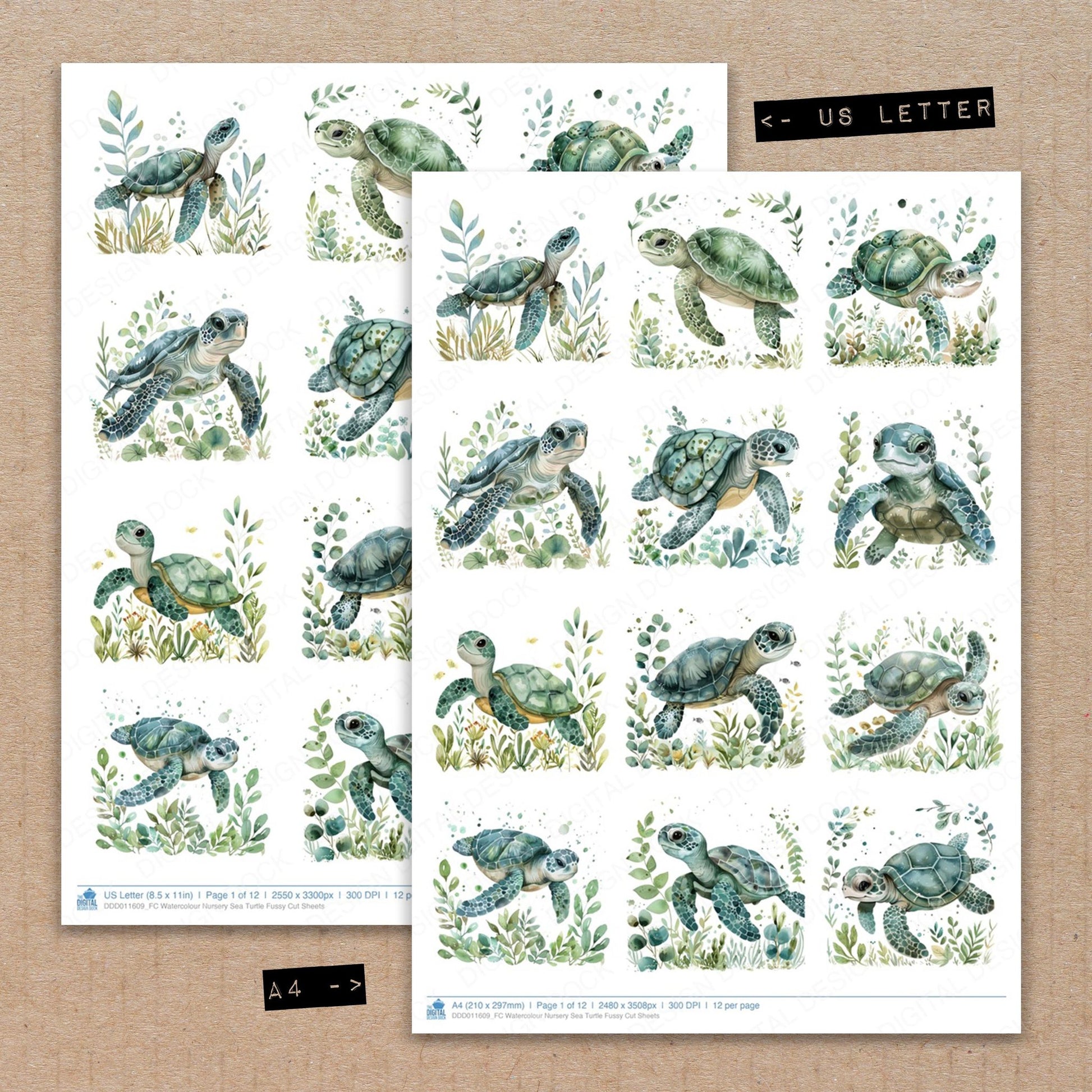 A4 and US Letter format comparison showing Watercolour Nursery Sea Turtle fussy cut pages for print and cut crafting