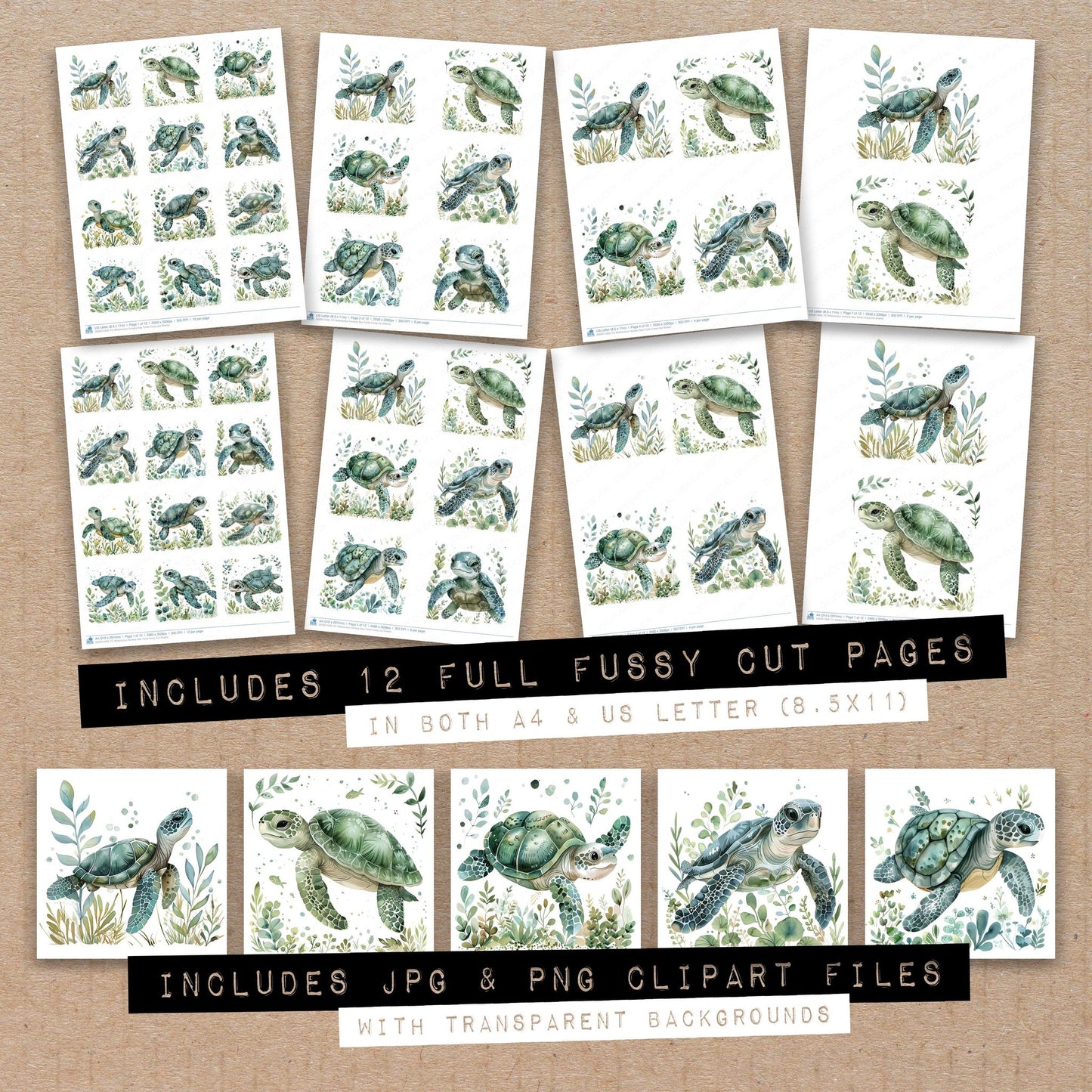 Full collection view of Watercolour Nursery Sea Turtle fussy cut sheets with bonus clipart JPG and PNG files