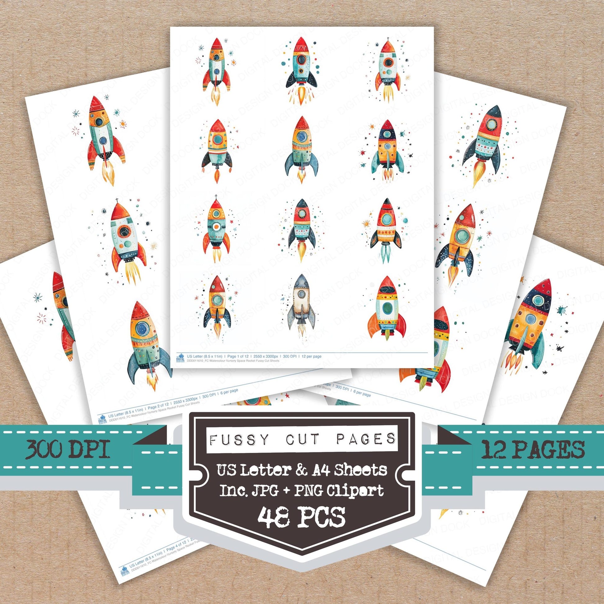 Watercolour Nursery Space Rocket fussy cut printable sheets for junk journaling, scrapbooking, and paper craft projects