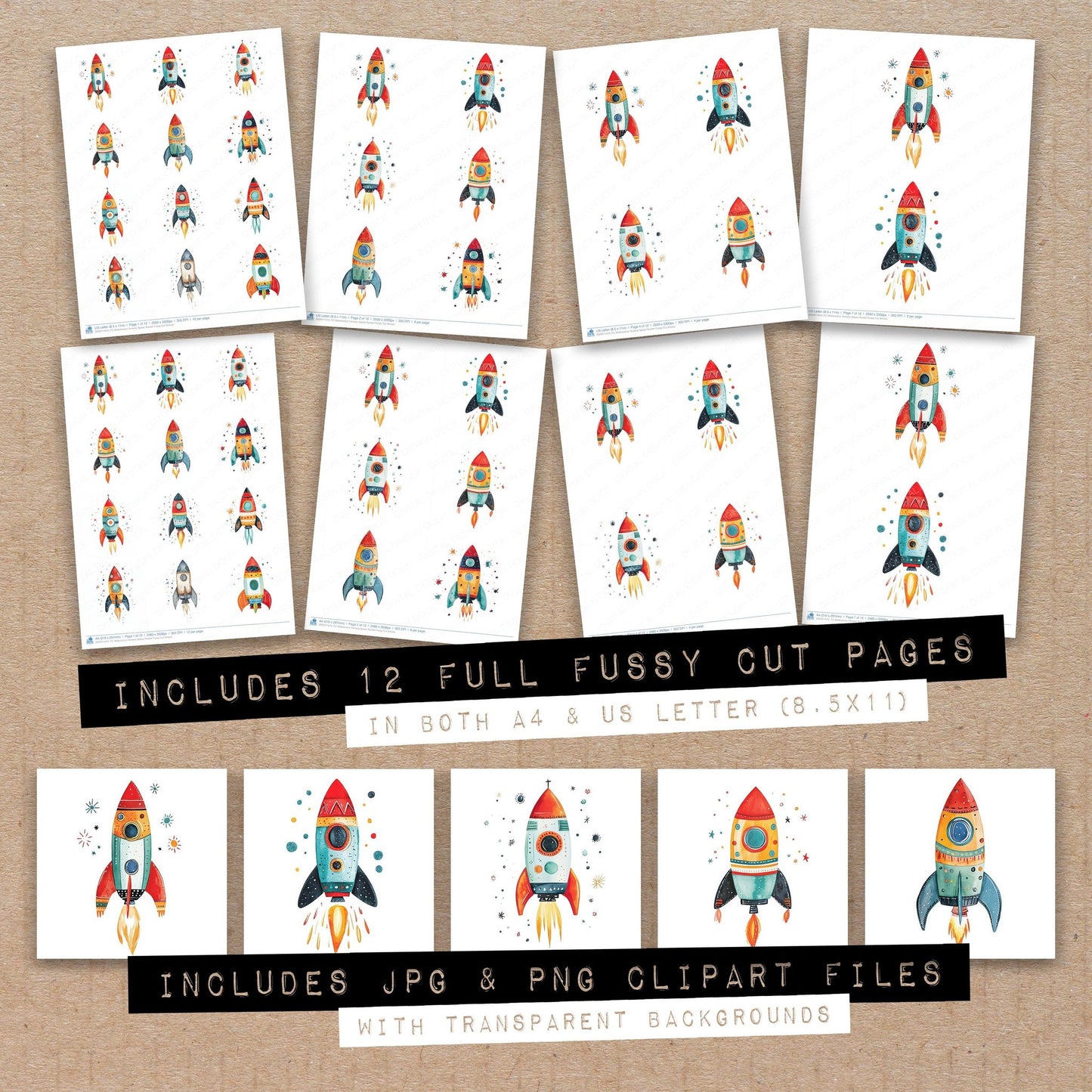 Full collection view of Watercolour Nursery Space Rocket fussy cut sheets with bonus clipart JPG and PNG files