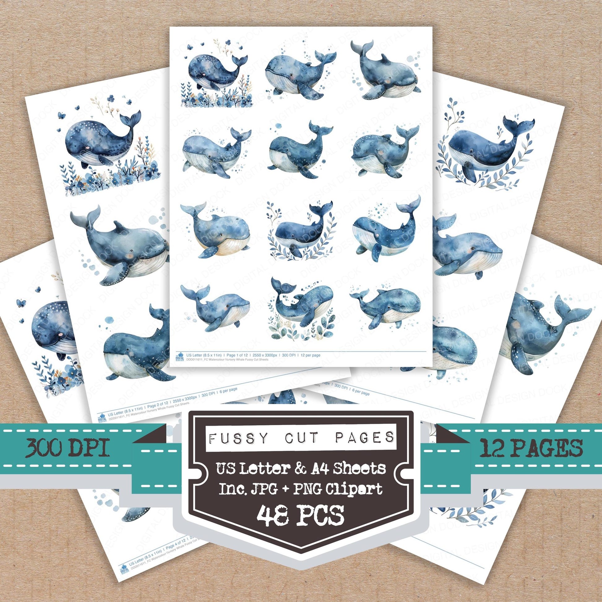 Watercolour Nursery Whale fussy cut printable sheets for junk journaling, scrapbooking, and paper craft projects