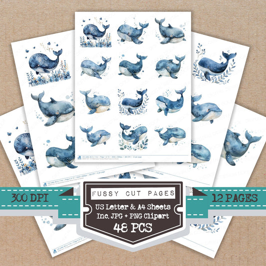 Watercolour Nursery Whale fussy cut printable sheets for junk journaling, scrapbooking, and paper craft projects