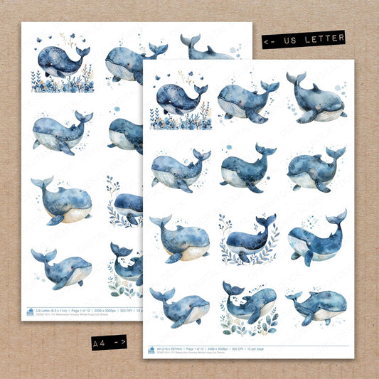 A4 and US Letter format comparison showing Watercolour Nursery Whale fussy cut pages for print and cut crafting