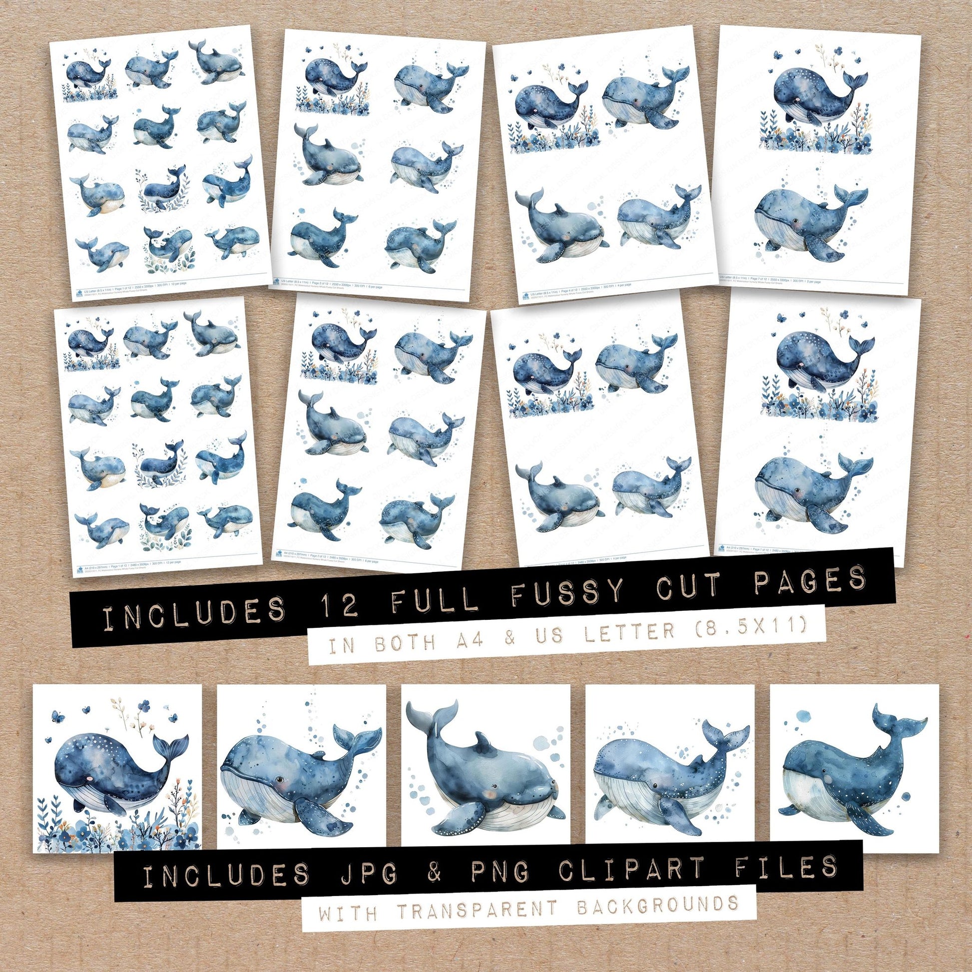 Full collection view of Watercolour Nursery Whale fussy cut sheets with bonus clipart JPG and PNG files