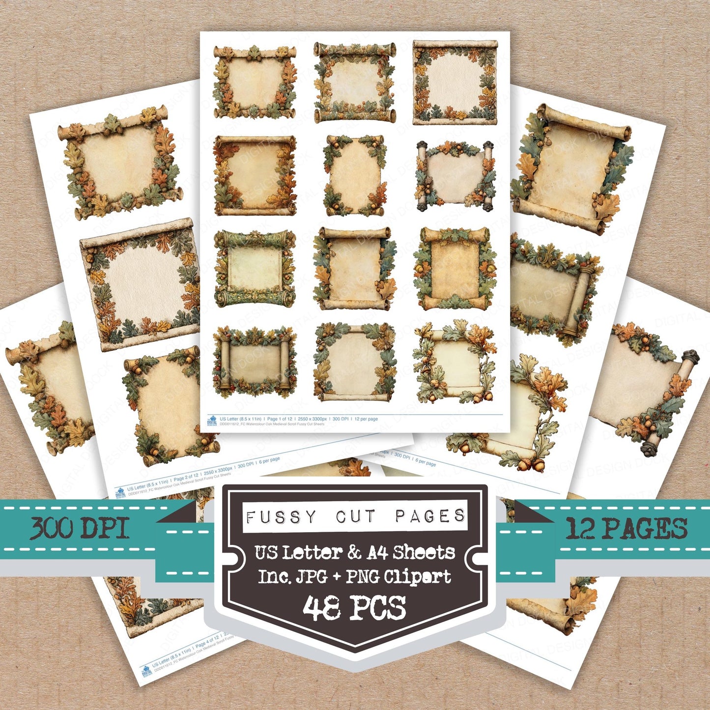 Watercolour Oak Medieval Scroll fussy cut printable sheets for junk journaling, scrapbooking, and paper craft projects