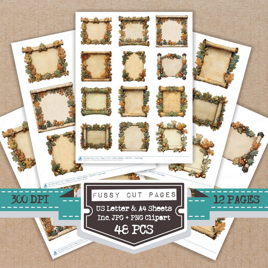 Watercolour Oak Medieval Scroll fussy cut printable sheets for junk journaling, scrapbooking, and paper craft projects