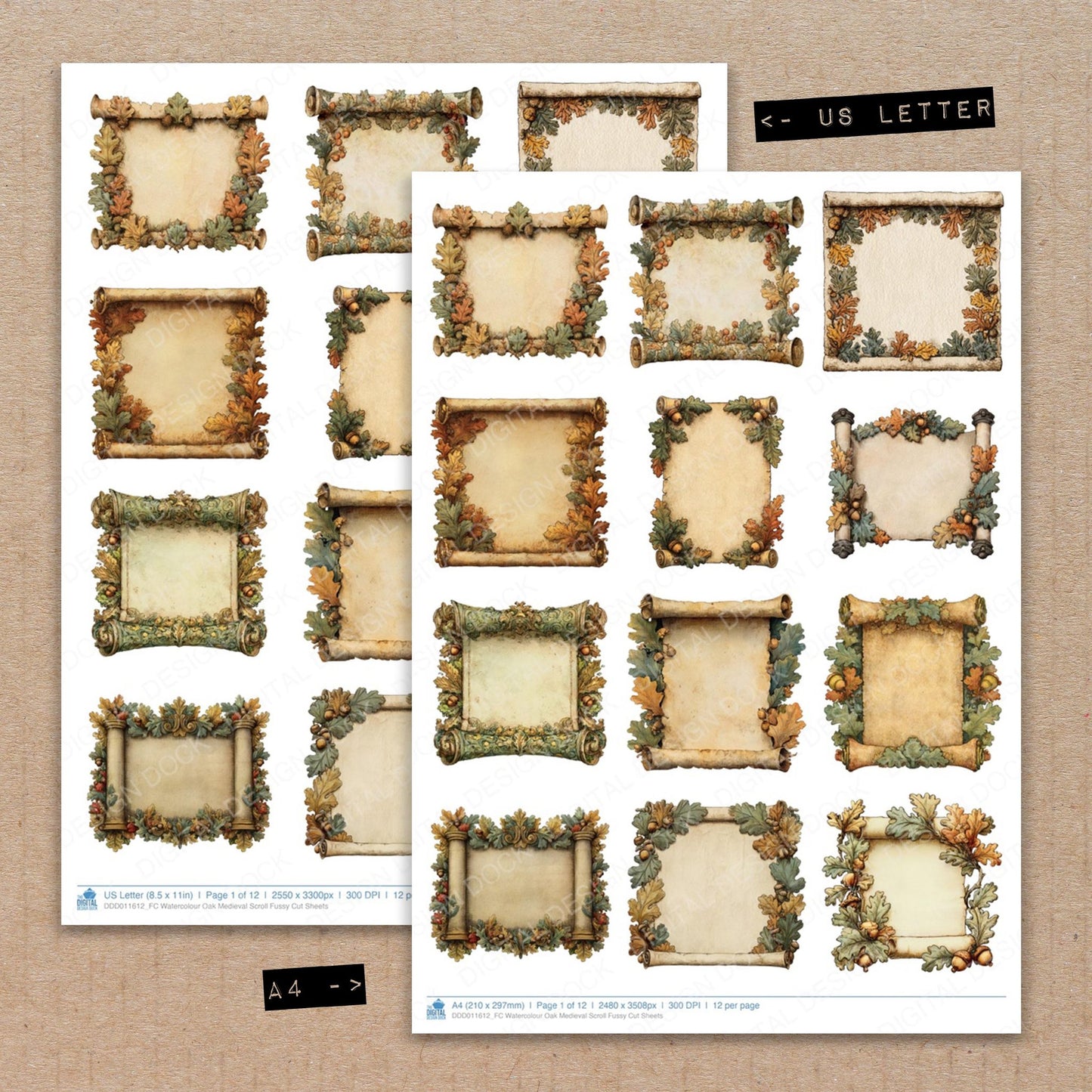 A4 and US Letter format comparison showing Watercolour Oak Medieval Scroll fussy cut pages for print and cut crafting