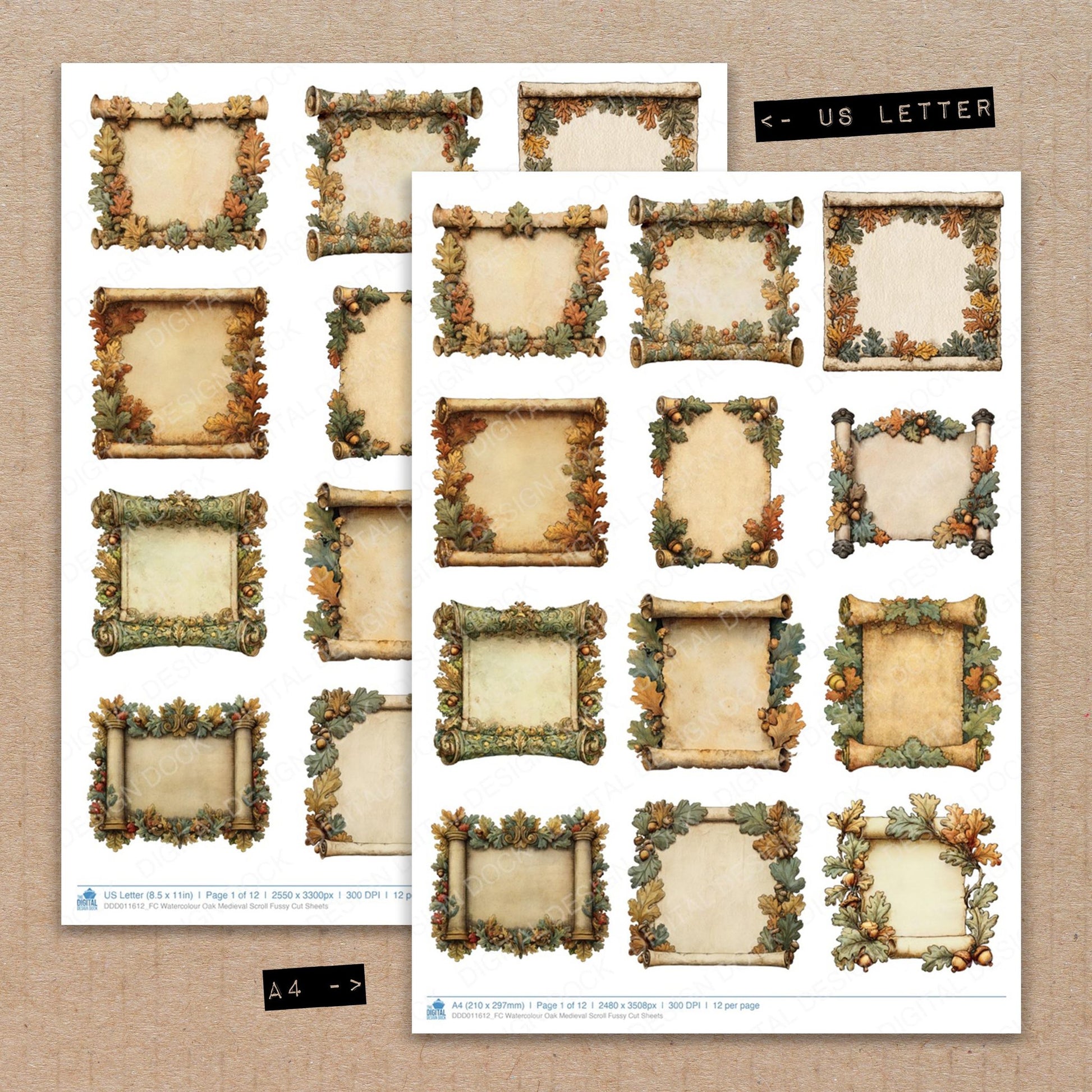 A4 and US Letter format comparison showing Watercolour Oak Medieval Scroll fussy cut pages for print and cut crafting