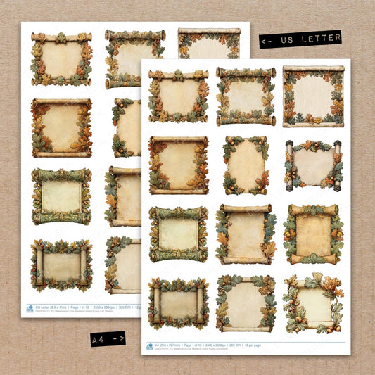 A4 and US Letter format comparison showing Watercolour Oak Medieval Scroll fussy cut pages for print and cut crafting