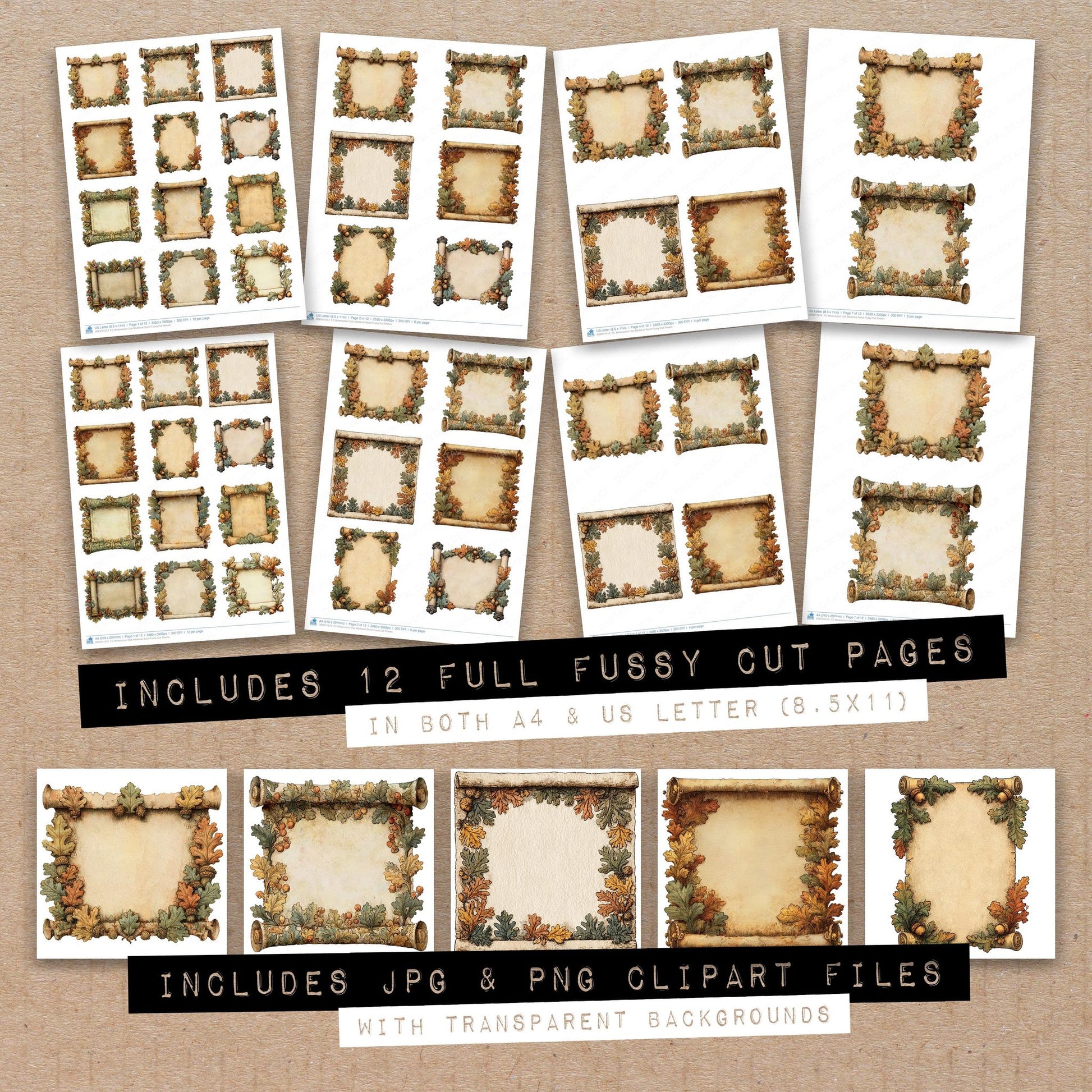 Full collection view of Watercolour Oak Medieval Scroll fussy cut sheets with bonus clipart JPG and PNG files