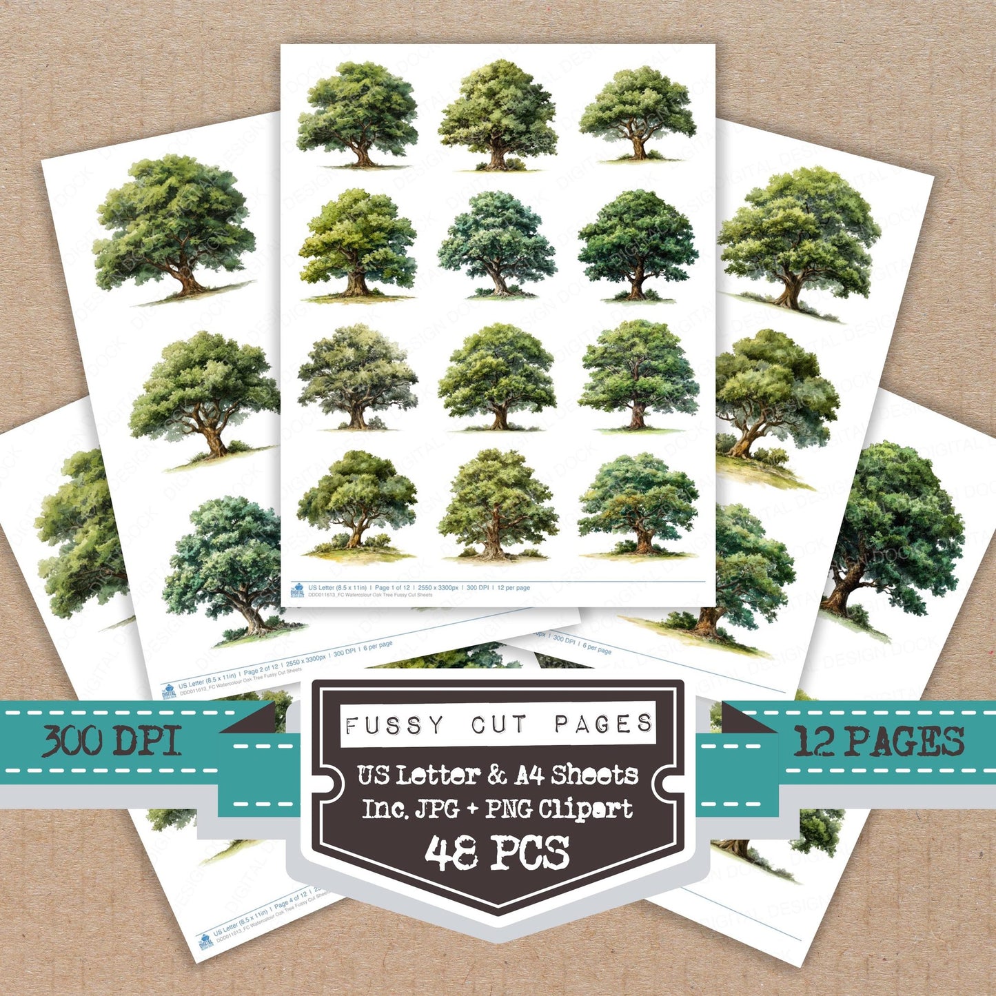Watercolour Oak Tree fussy cut printable sheets for junk journaling, scrapbooking, and paper craft projects