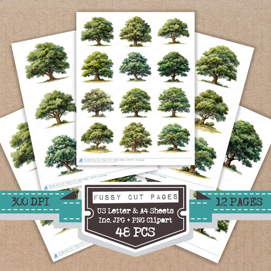 Watercolour Oak Tree fussy cut printable sheets for junk journaling, scrapbooking, and paper craft projects