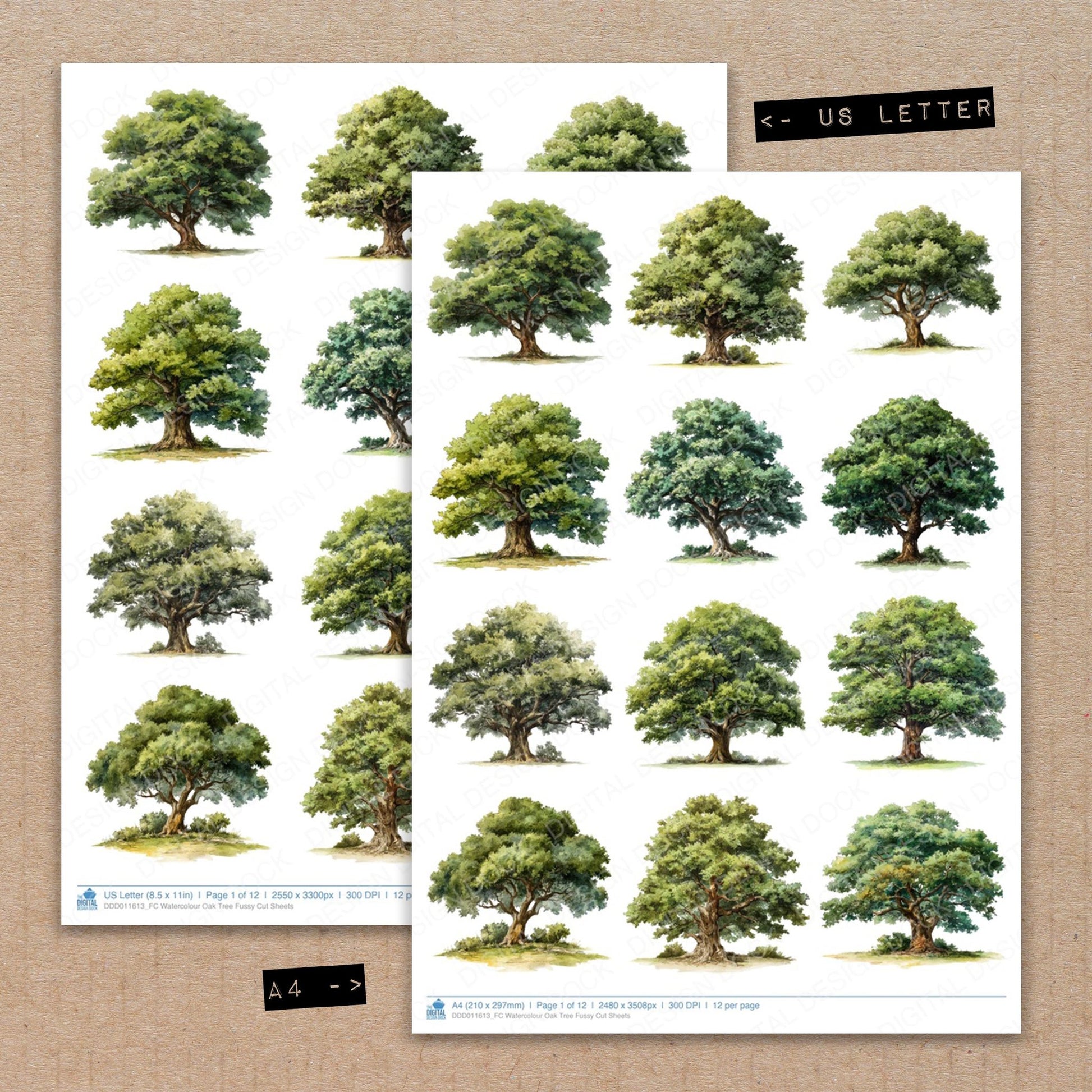 A4 and US Letter format comparison showing Watercolour Oak Tree fussy cut pages for print and cut crafting