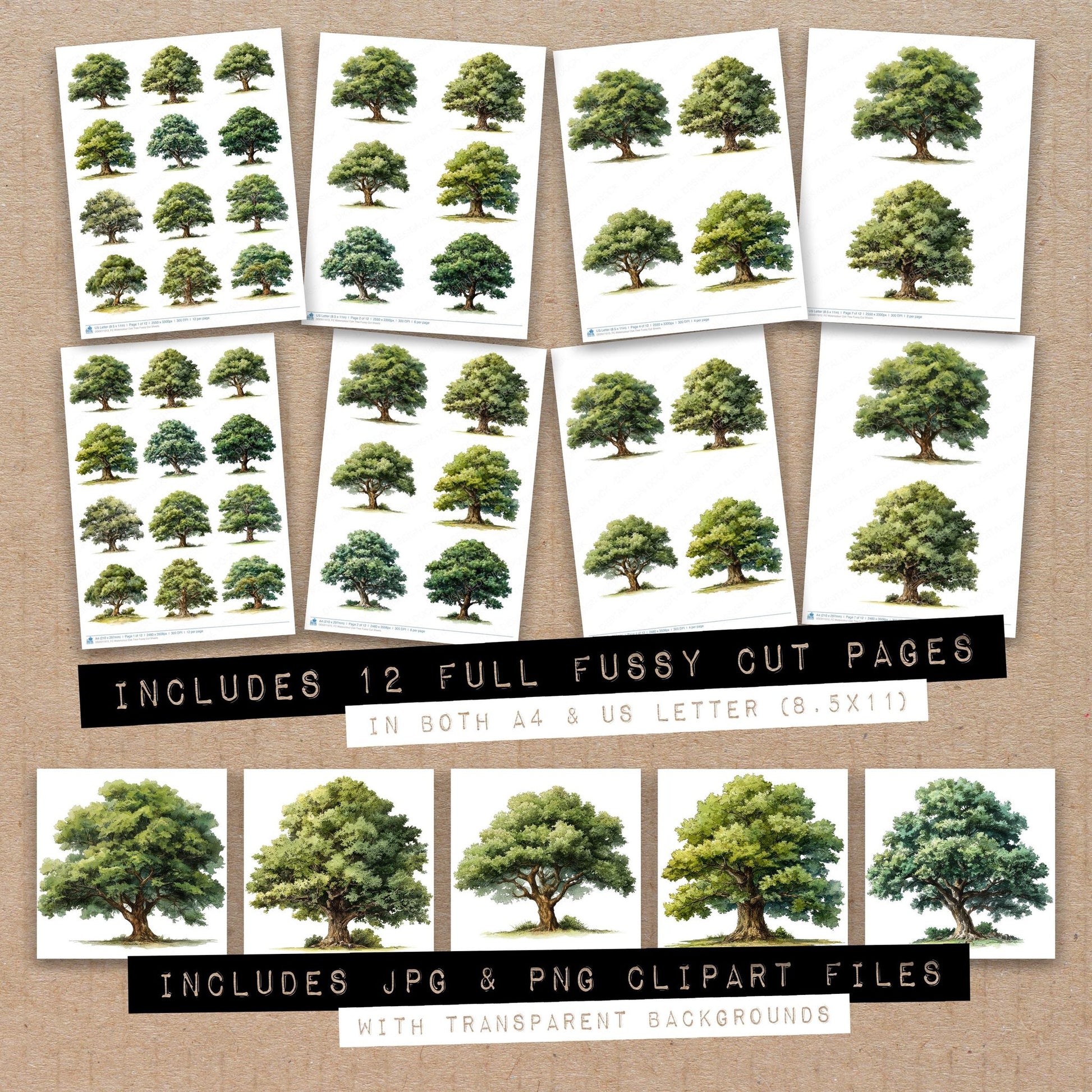 Full collection view of Watercolour Oak Tree fussy cut sheets with bonus clipart JPG and PNG files
