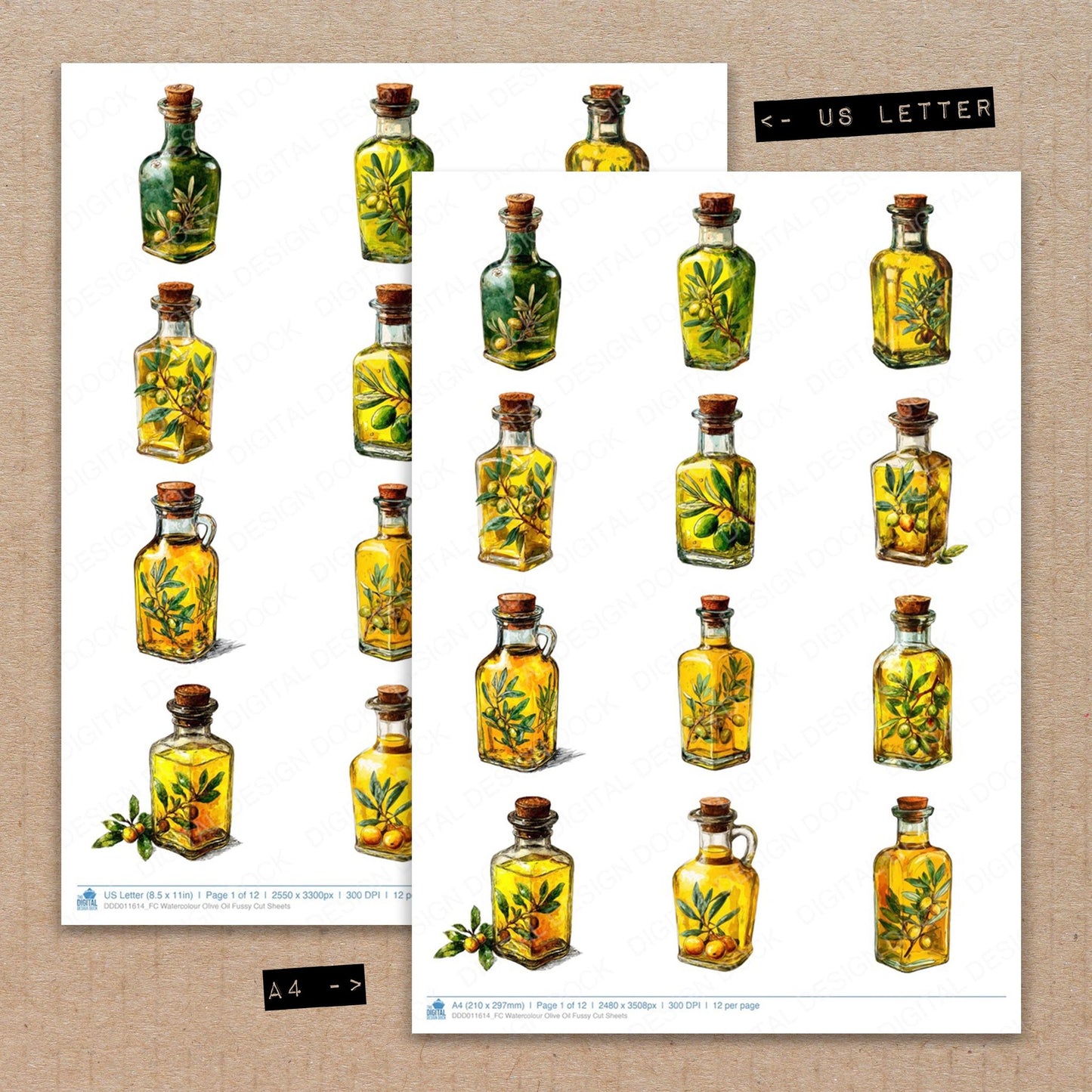 A4 and US Letter format comparison showing Watercolour Olive Oil fussy cut pages for print and cut crafting