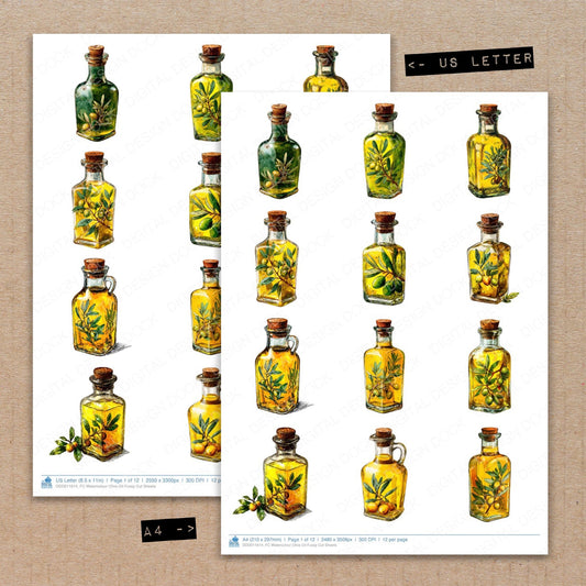 A4 and US Letter format comparison showing Watercolour Olive Oil fussy cut pages for print and cut crafting