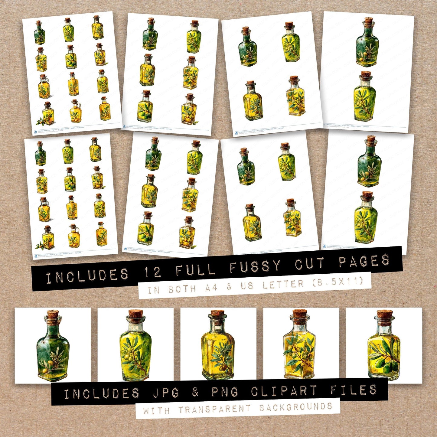 Full collection view of Watercolour Olive Oil fussy cut sheets with bonus clipart JPG and PNG files
