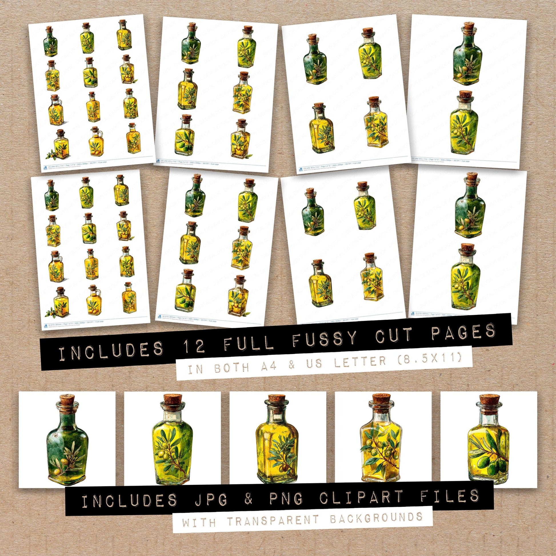 Full collection view of Watercolour Olive Oil fussy cut sheets with bonus clipart JPG and PNG files