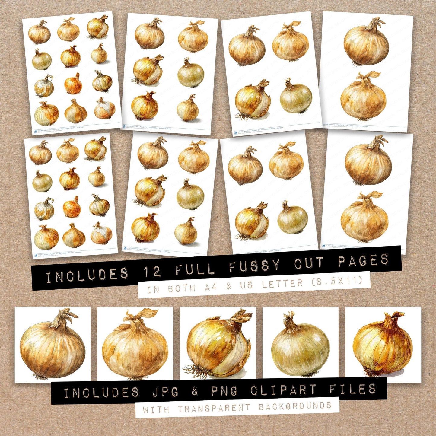 Full collection view of Watercolour Onion fussy cut sheets with bonus clipart JPG and PNG files