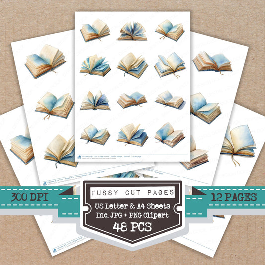 Watercolour Open Book fussy cut printable sheets for junk journaling, scrapbooking, and paper craft projects