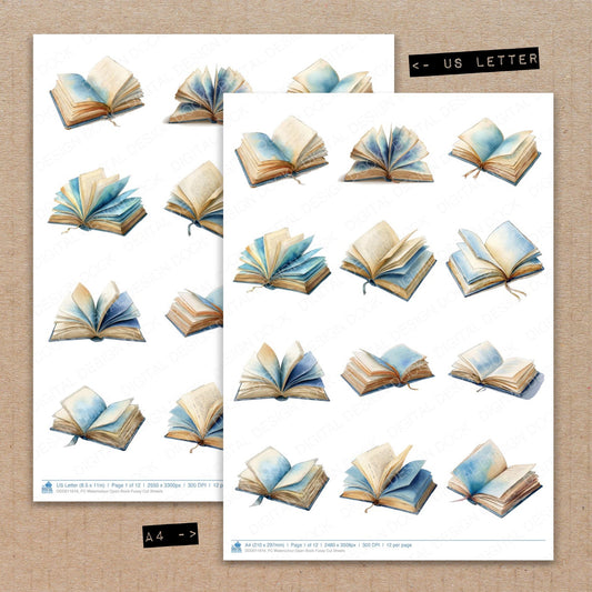A4 and US Letter format comparison showing Watercolour Open Book fussy cut pages for print and cut crafting