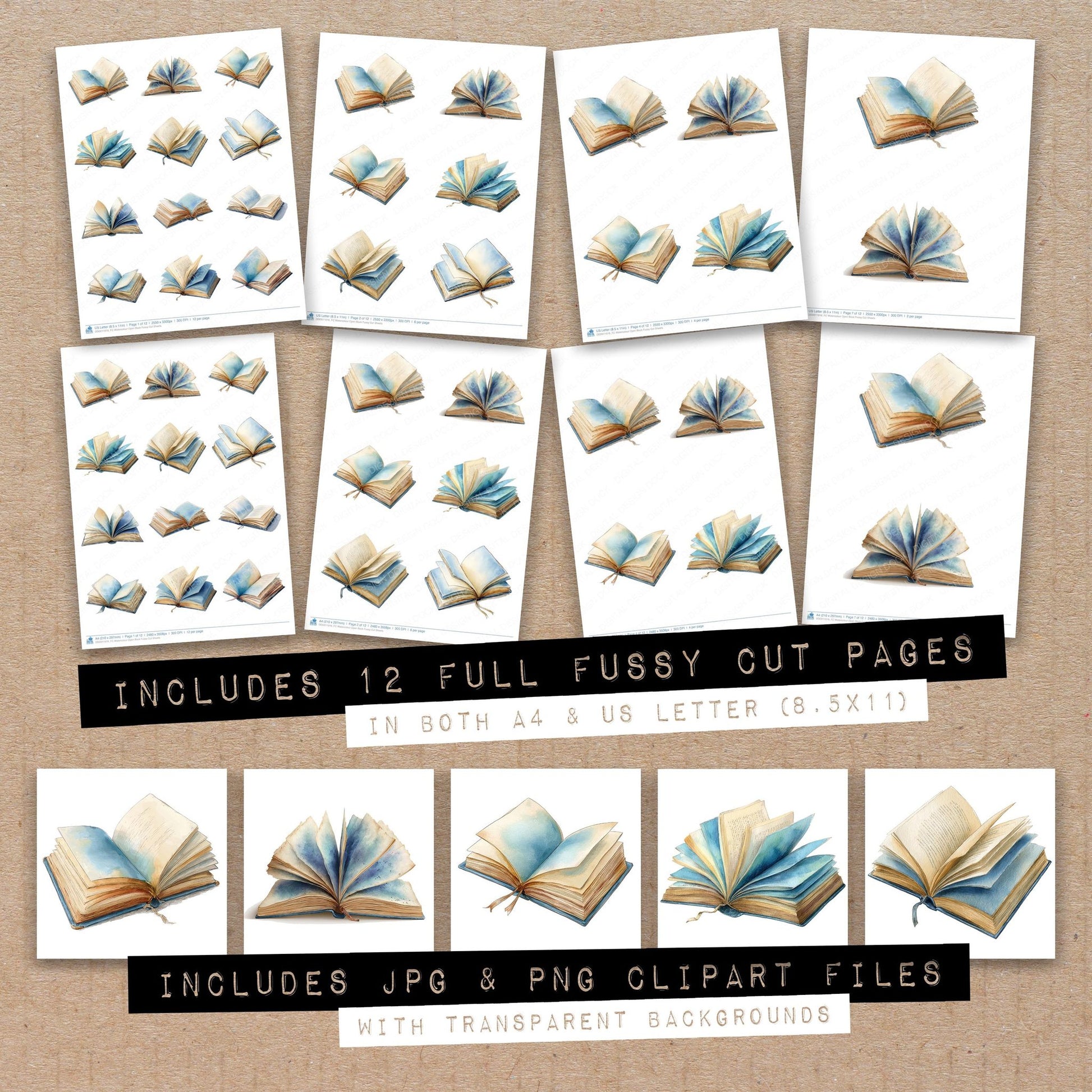Full collection view of Watercolour Open Book fussy cut sheets with bonus clipart JPG and PNG files