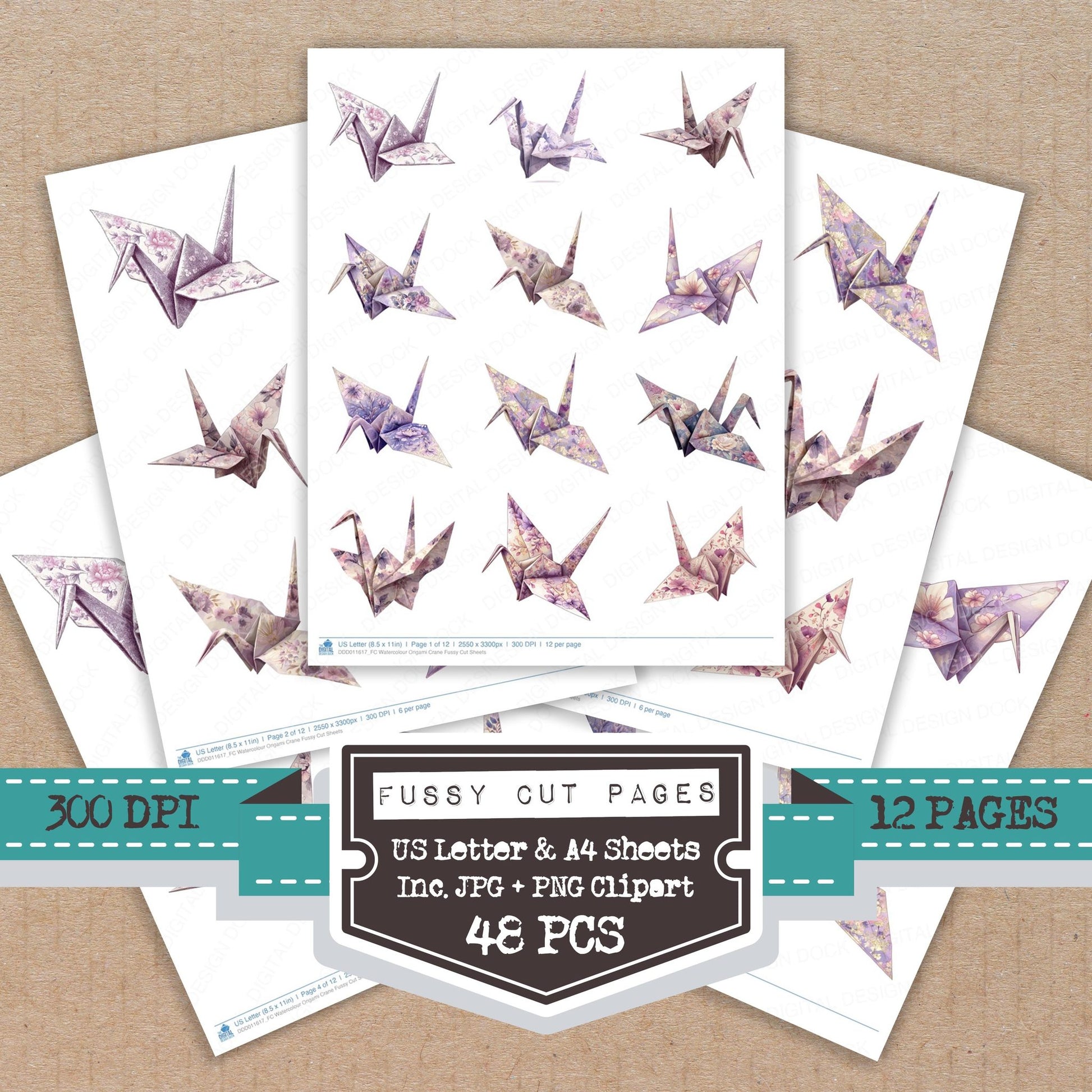 Watercolour Origami Crane fussy cut printable sheets for junk journaling, scrapbooking, and paper craft projects