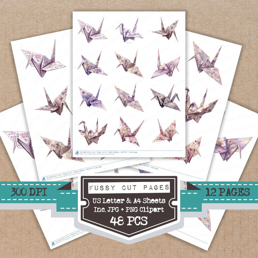 Watercolour Origami Crane fussy cut printable sheets for junk journaling, scrapbooking, and paper craft projects