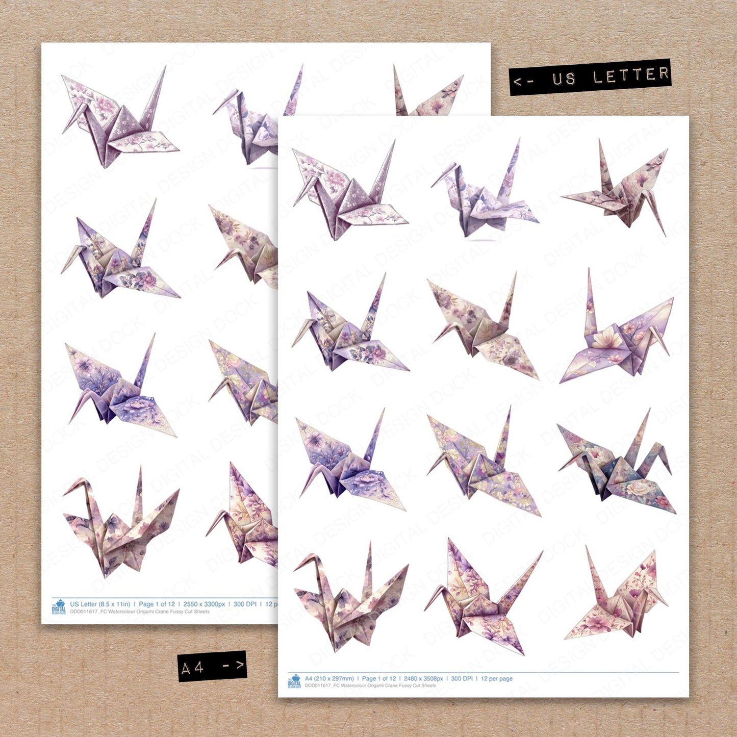 A4 and US Letter format comparison showing Watercolour Origami Crane fussy cut pages for print and cut crafting