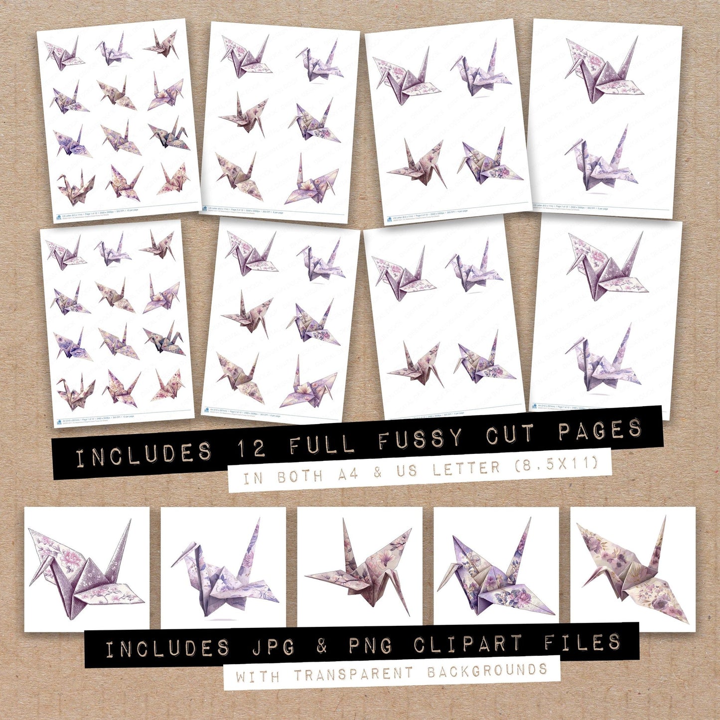 Full collection view of Watercolour Origami Crane fussy cut sheets with bonus clipart JPG and PNG files