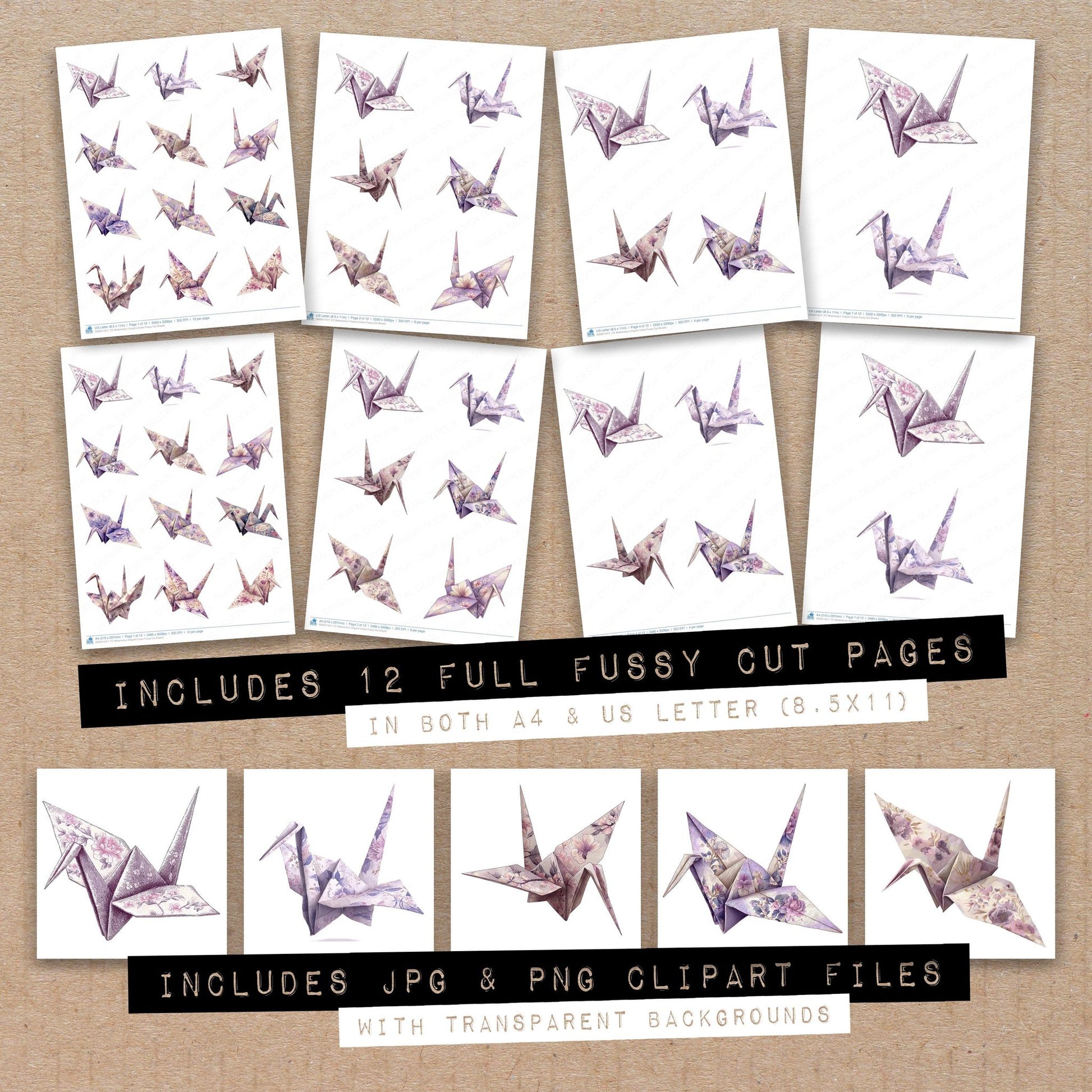 Full collection view of Watercolour Origami Crane fussy cut sheets with bonus clipart JPG and PNG files