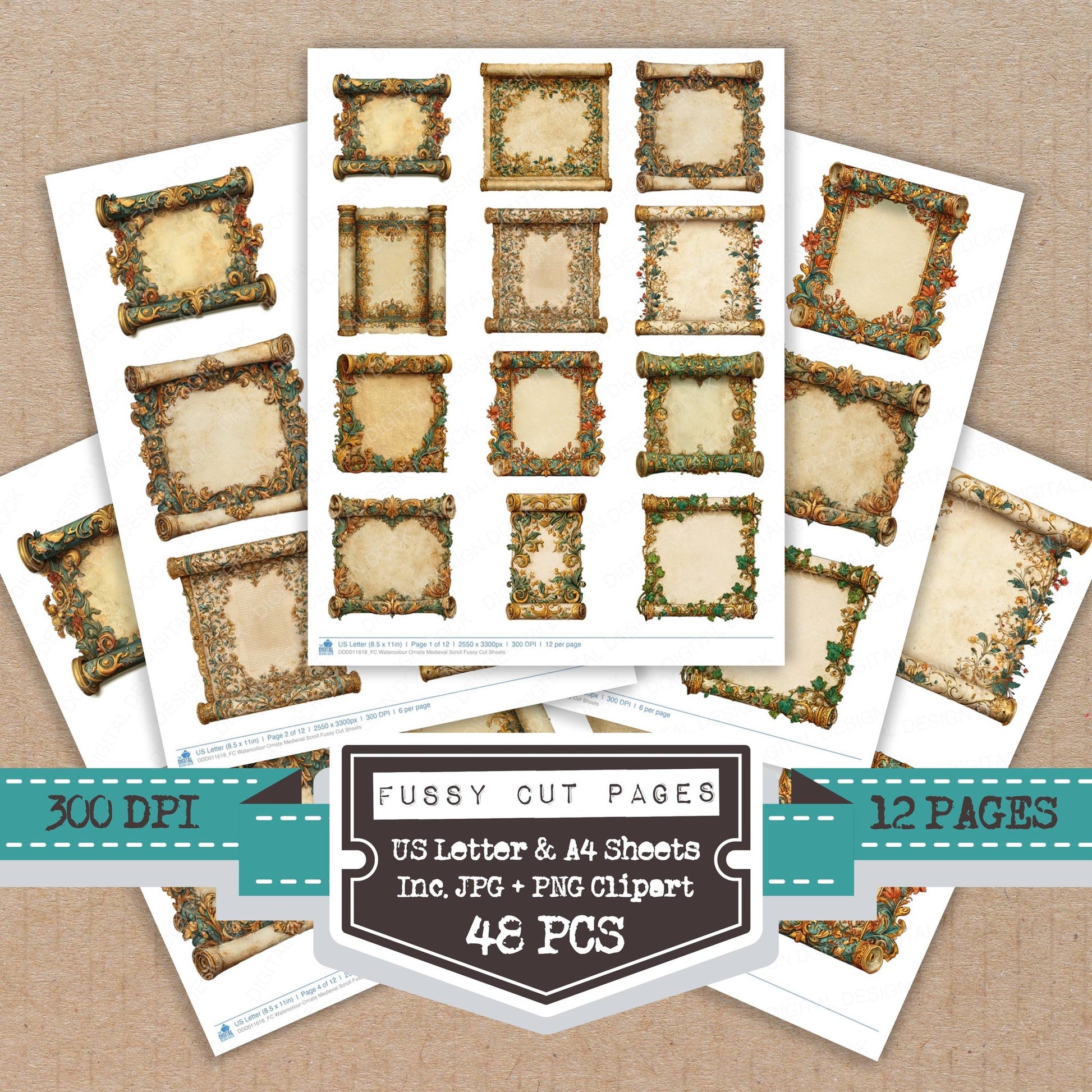 Watercolour Ornate Medieval Scroll fussy cut printable sheets for junk journaling, scrapbooking, and paper craft projects