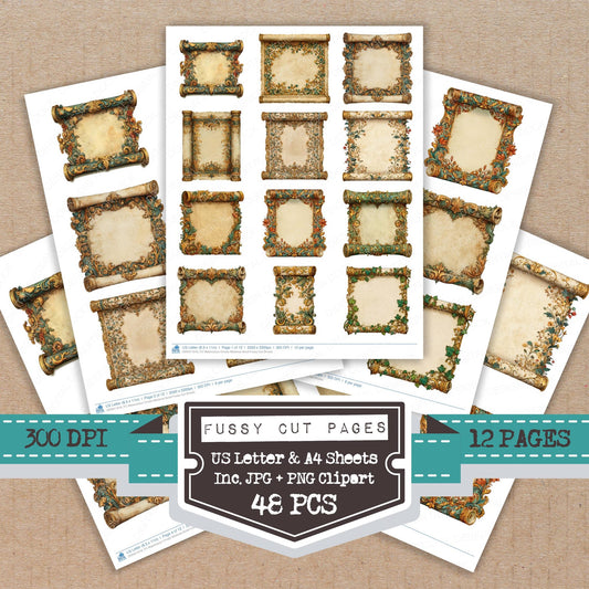 Watercolour Ornate Medieval Scroll fussy cut printable sheets for junk journaling, scrapbooking, and paper craft projects