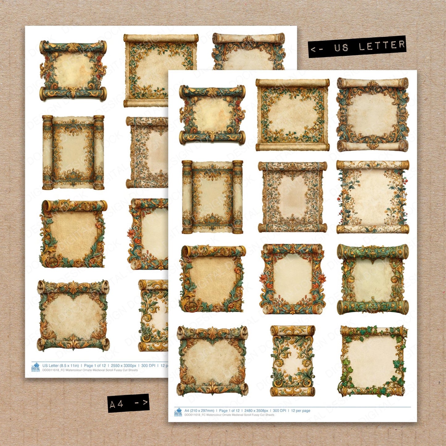 A4 and US Letter format comparison showing Watercolour Ornate Medieval Scroll fussy cut pages for print and cut crafting