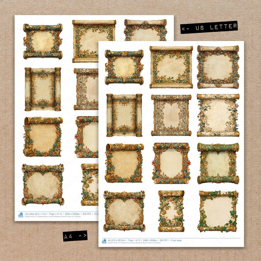 A4 and US Letter format comparison showing Watercolour Ornate Medieval Scroll fussy cut pages for print and cut crafting