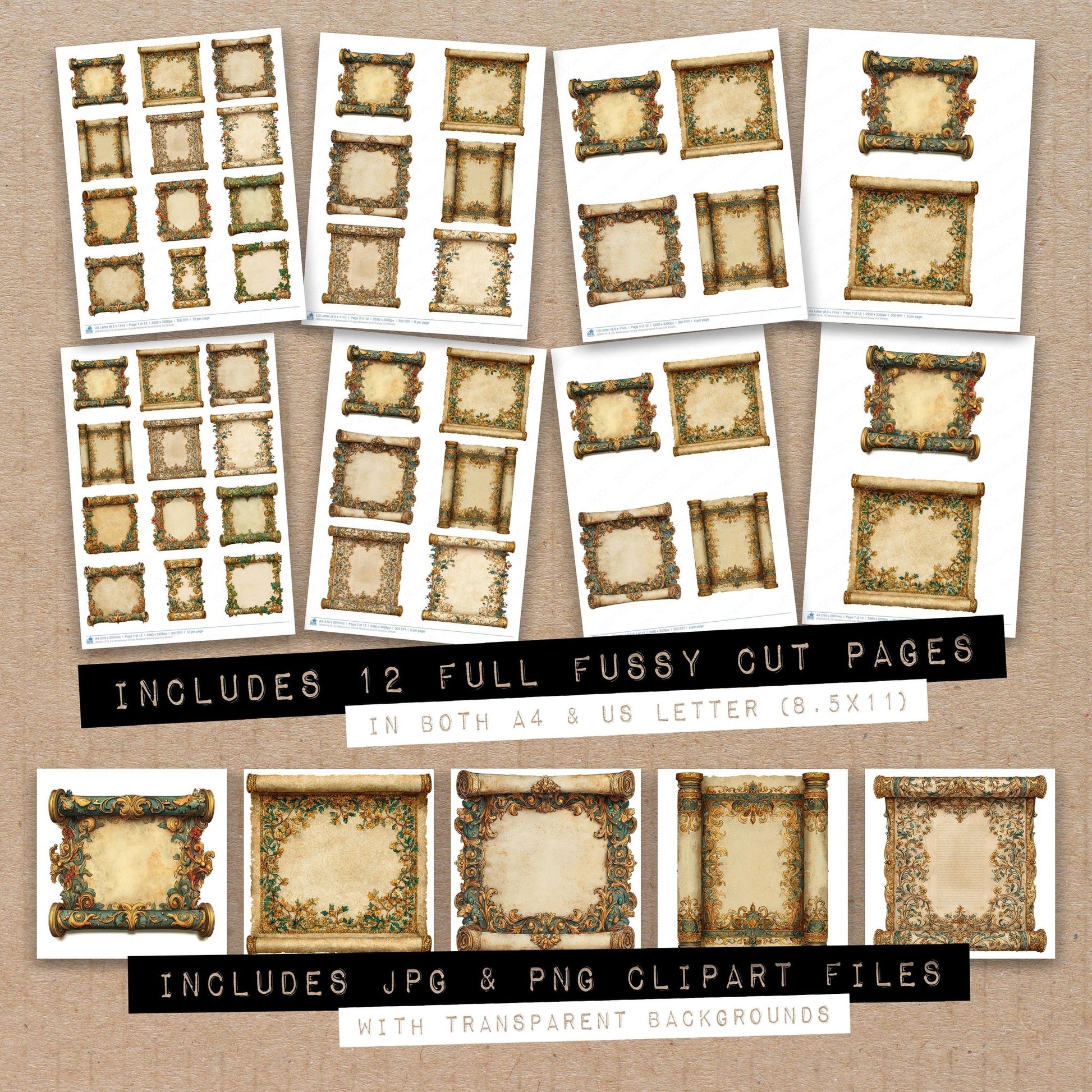 Full collection view of Watercolour Ornate Medieval Scroll fussy cut sheets with bonus clipart JPG and PNG files