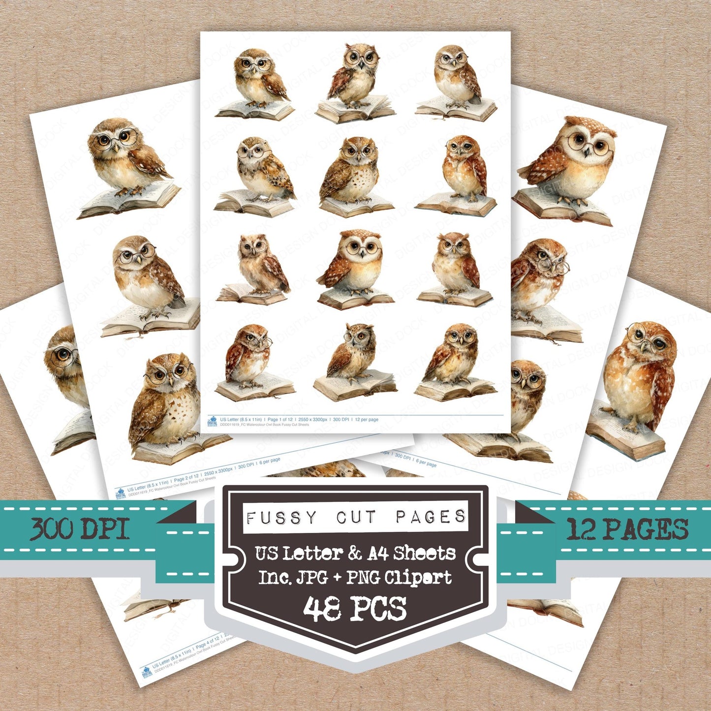 Watercolour Owl Book fussy cut printable sheets for junk journaling, scrapbooking, and paper craft projects