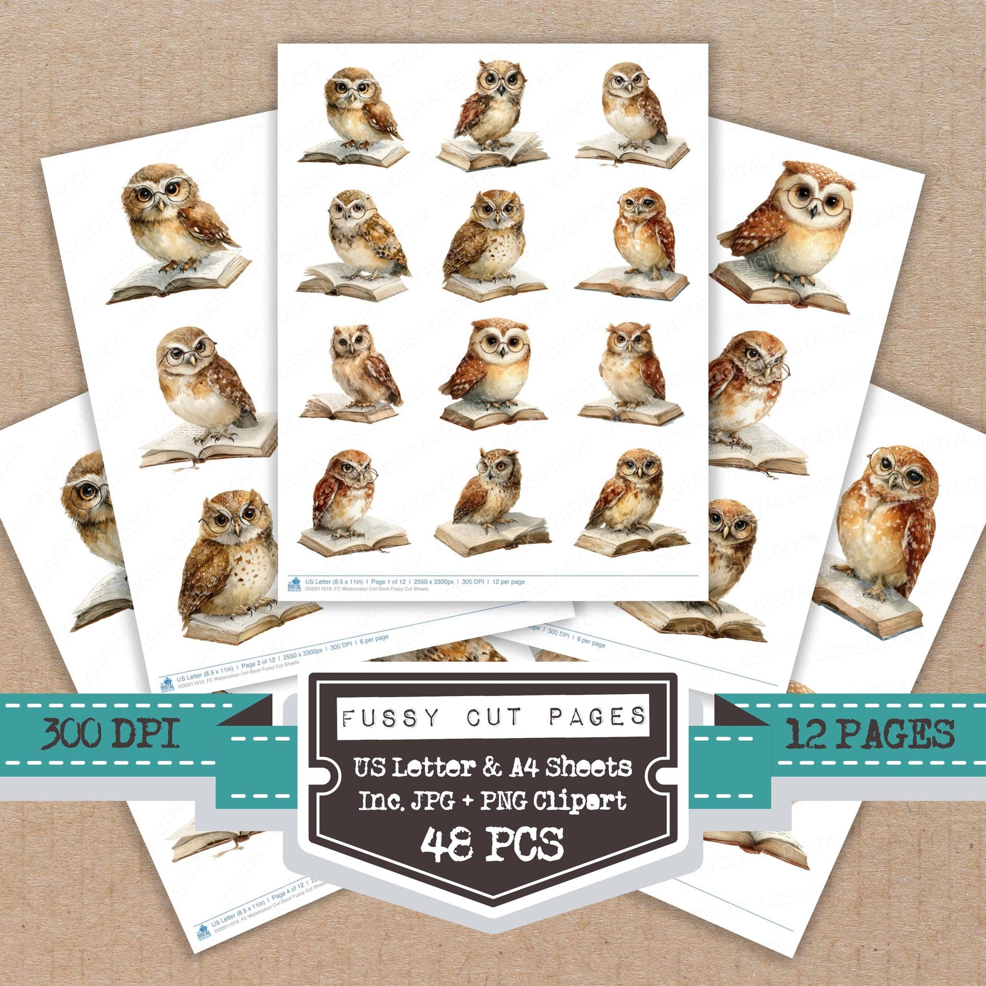 Watercolour Owl Book fussy cut printable sheets for junk journaling, scrapbooking, and paper craft projects