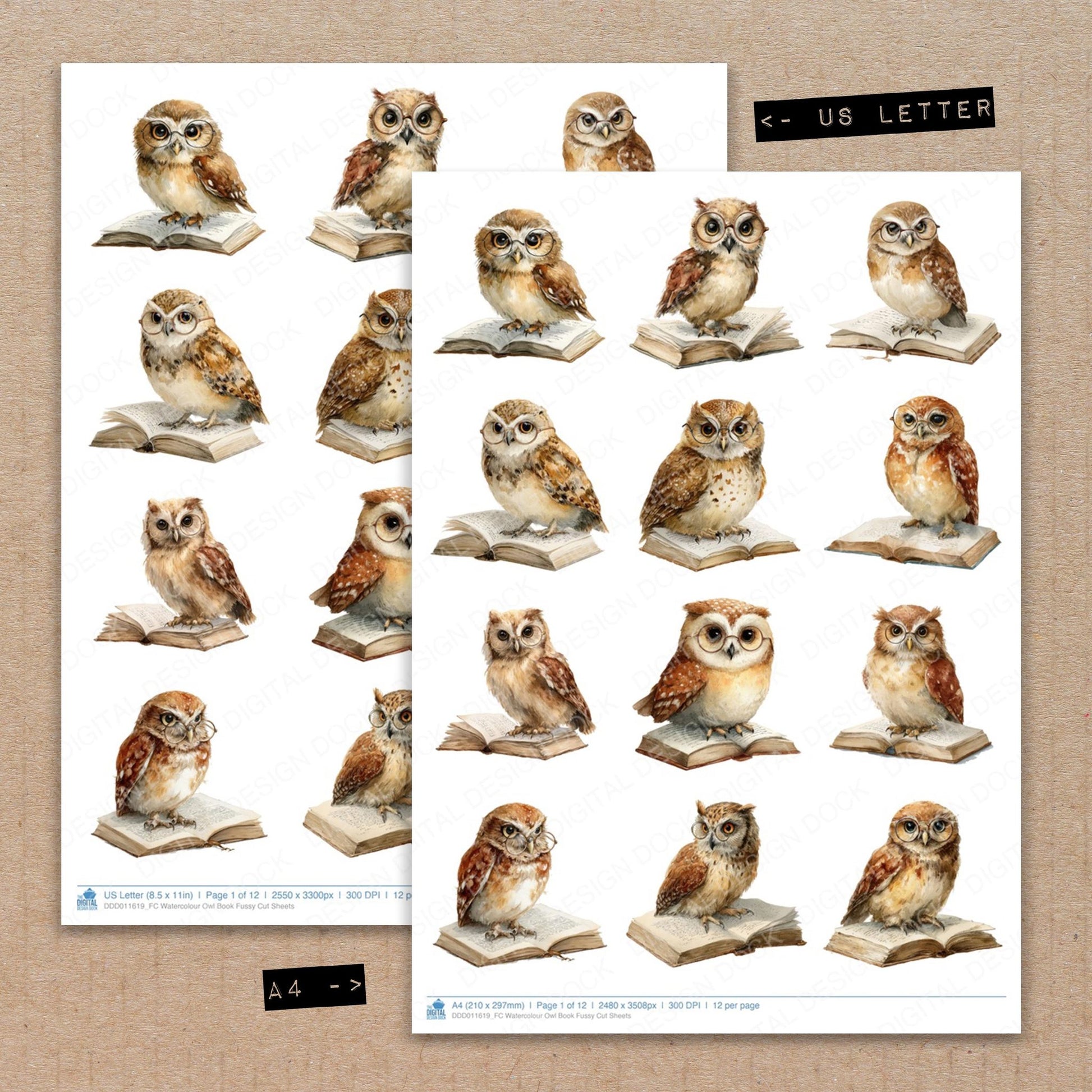 A4 and US Letter format comparison showing Watercolour Owl Book fussy cut pages for print and cut crafting