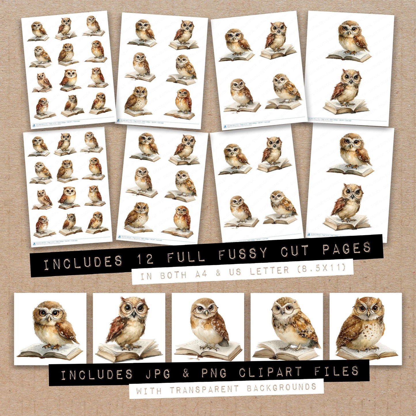 Full collection view of Watercolour Owl Book fussy cut sheets with bonus clipart JPG and PNG files