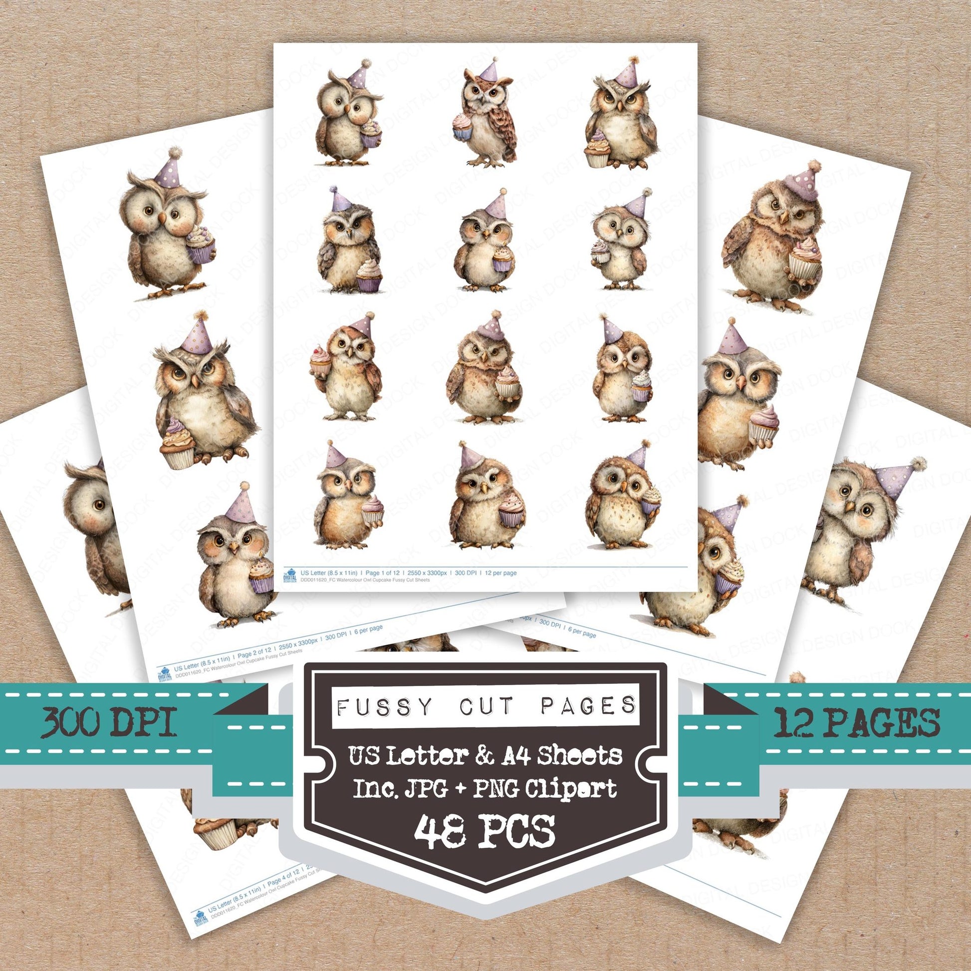 Watercolour Owl Cupcake fussy cut printable sheets for junk journaling, scrapbooking, and paper craft projects