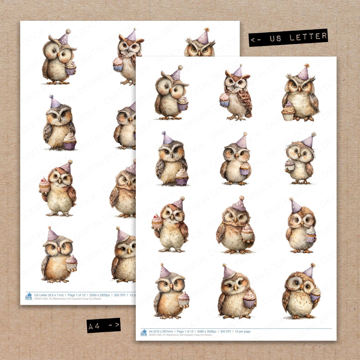 A4 and US Letter format comparison showing Watercolour Owl Cupcake fussy cut pages for print and cut crafting