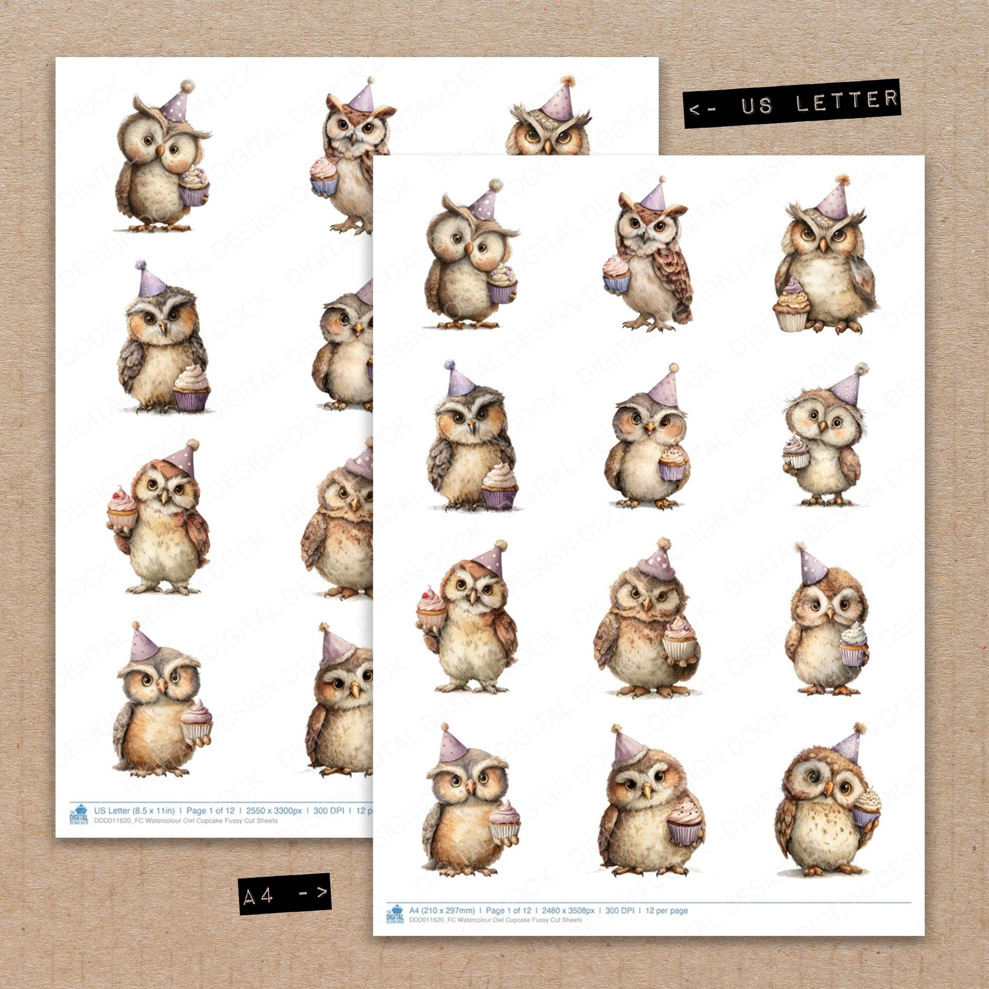 A4 and US Letter format comparison showing Watercolour Owl Cupcake fussy cut pages for print and cut crafting