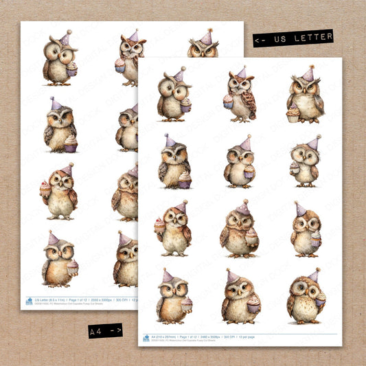 A4 and US Letter format comparison showing Watercolour Owl Cupcake fussy cut pages for print and cut crafting