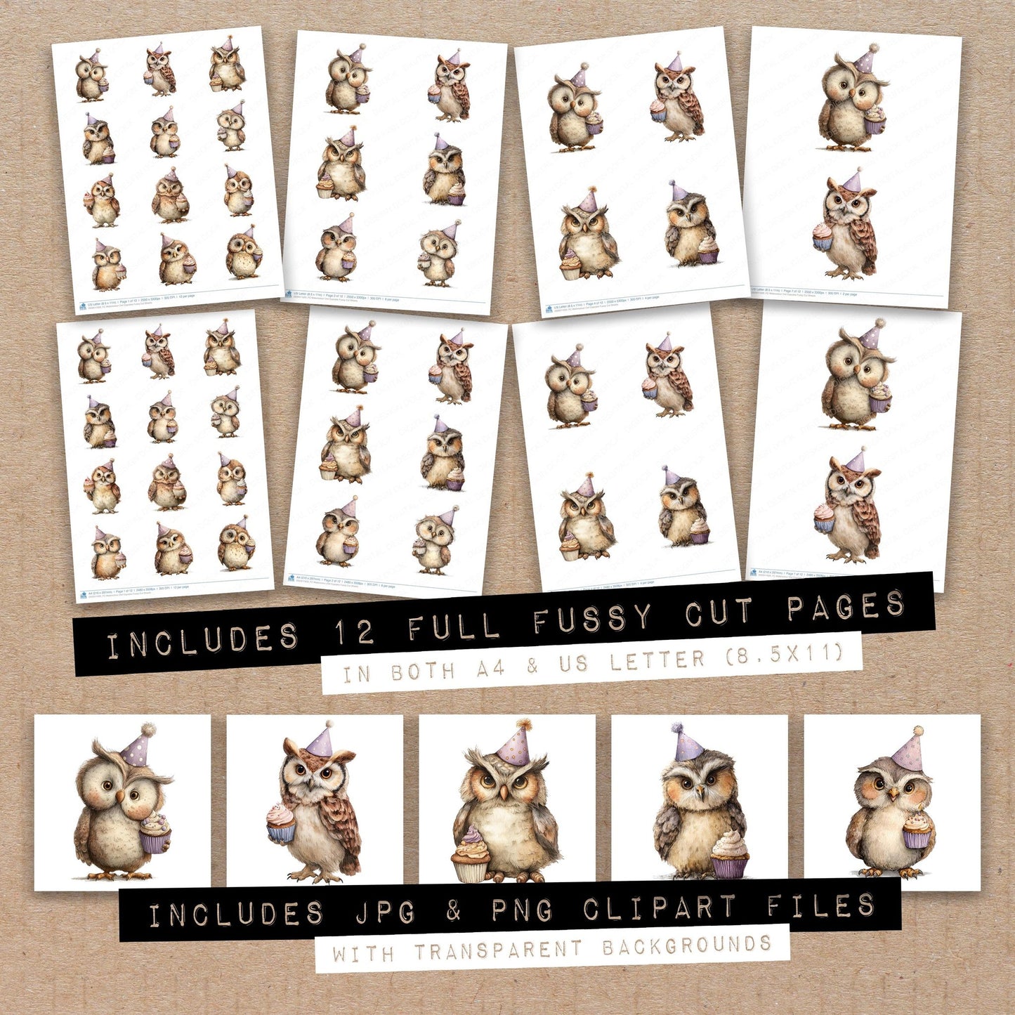 Full collection view of Watercolour Owl Cupcake fussy cut sheets with bonus clipart JPG and PNG files