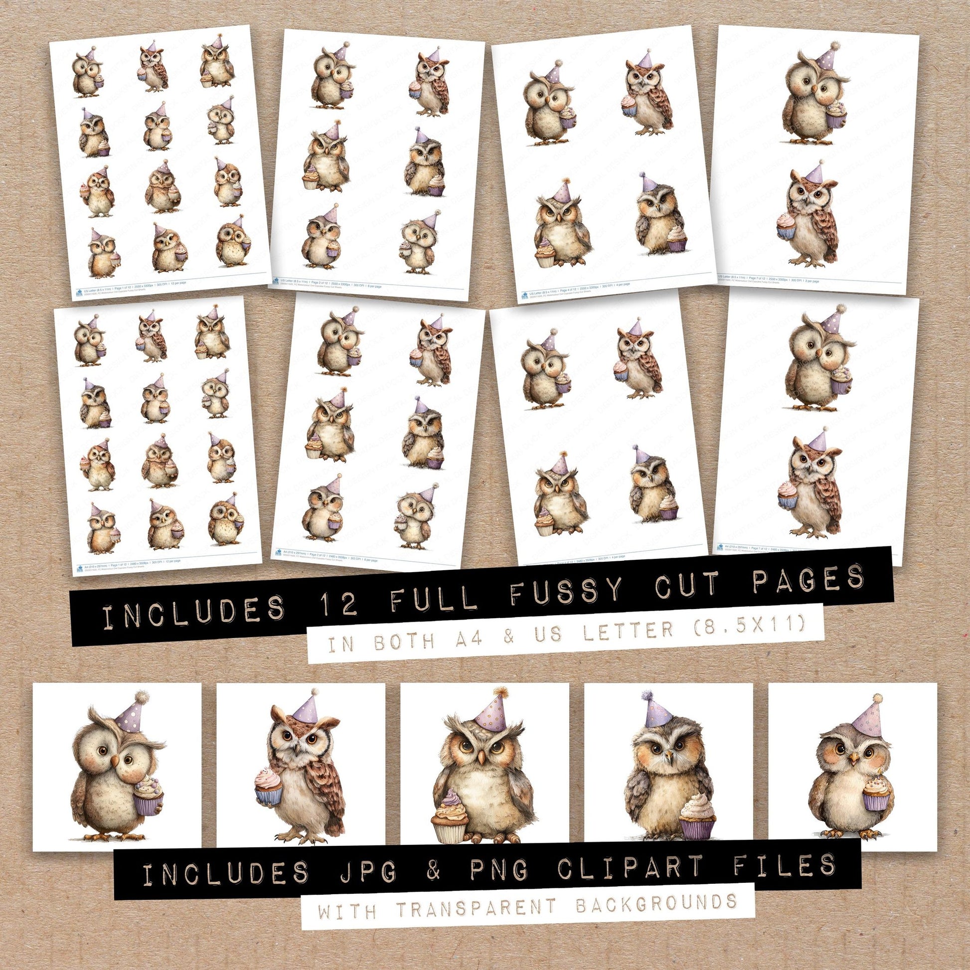 Full collection view of Watercolour Owl Cupcake fussy cut sheets with bonus clipart JPG and PNG files