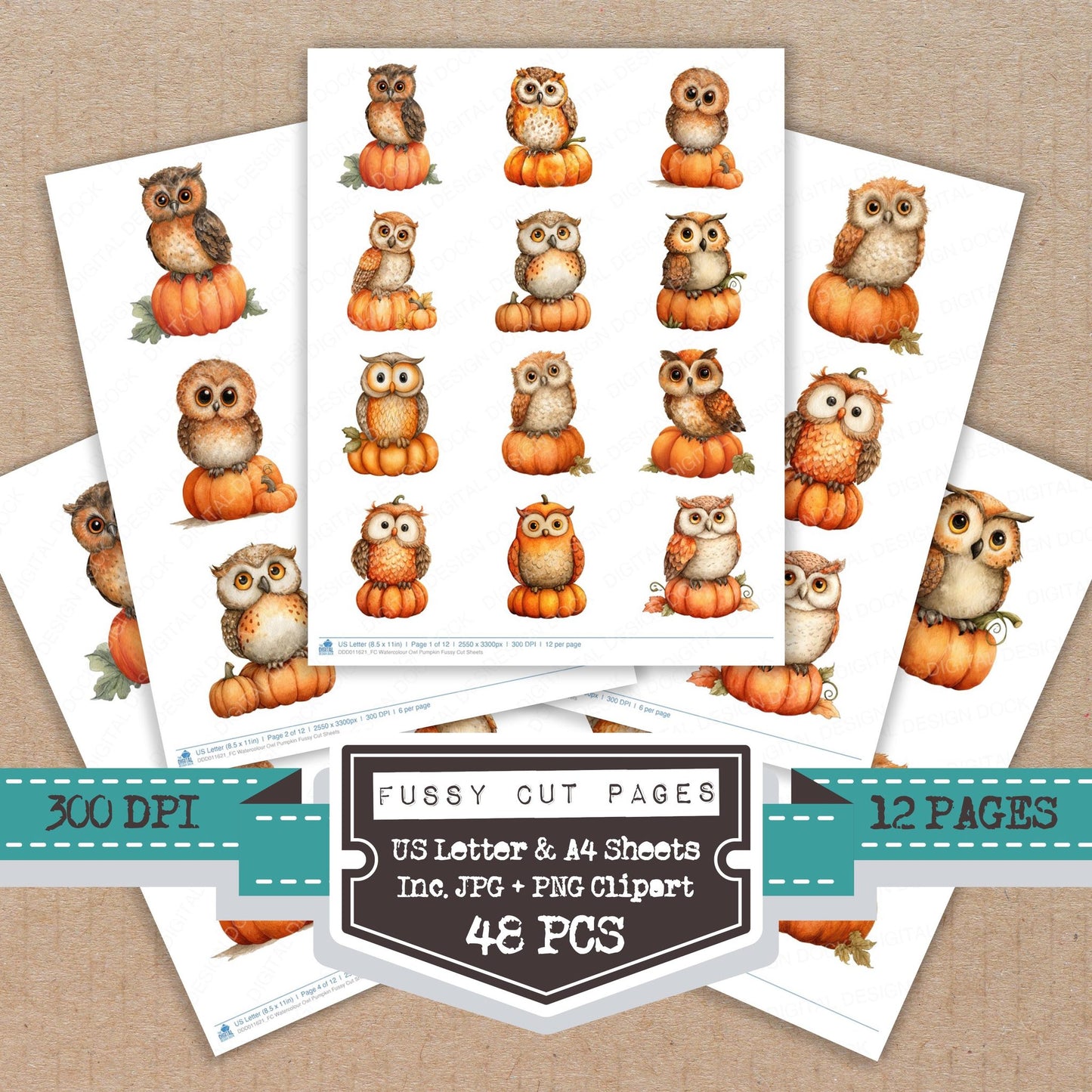 Watercolour Owl Pumpkin fussy cut printable sheets for junk journaling, scrapbooking, and paper craft projects