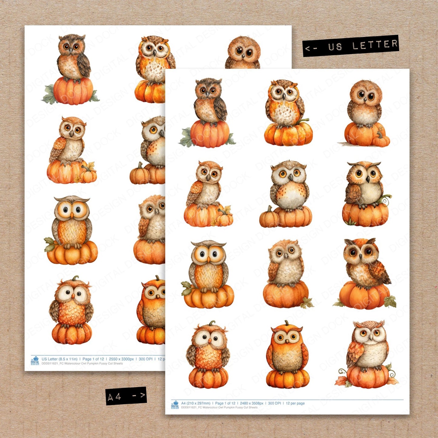 A4 and US Letter format comparison showing Watercolour Owl Pumpkin fussy cut pages for print and cut crafting